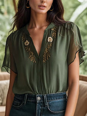 Vintage Embroidered Chiffon Short Sleeve Shirt