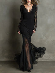 Elegant Retro Lace Splicing Fishtail Mesh Splicing Hem Maxi Dress
