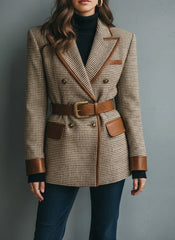 Double-Breasted Houndstooth blazer with Brown Leather Trim