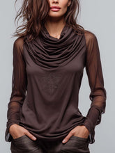 Draped Cowl-Neck Top With Sheer Mesh Sleeves And Embroidered Motif