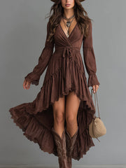 Retro-style Irregular Hem Lace Trim Denim Midi Dress
