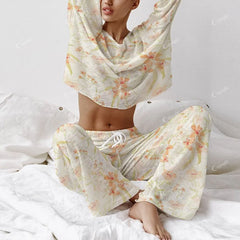 Colordate Women's Orange Flowers Long Sleeve Cotton Homewear Set