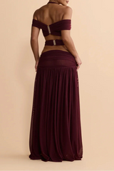 Halter Off-Shoulder Mesh Cut-Out Waist-Cinching Maxi Two-Piece Set | Sexy Backless Vacation Outfit