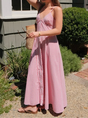 Red & White Striped V-Neck Cami Waisted Maxi Dress