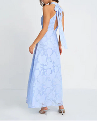 Light Blue Halter Jacquard Open Back Slit Maxi Dress