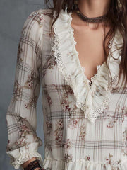 Vintage Ruffle Lace Floral Plaid Chiffon Blouse