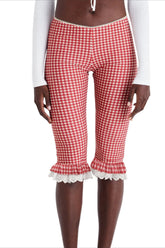 Plaid Lace Ruffle Cropped Skinny Pants