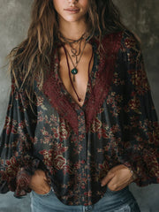 Vintage Floral Jacquard Mixed Cotton Lace Loose Blouse