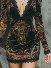 Retro V-neck Lace Trim Floral Print Polyester Velvet Mini Dress