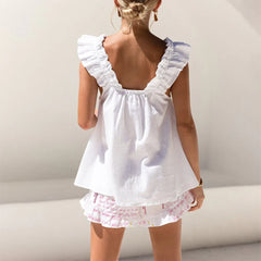 Loving Yourself Print Ruffled Trim Short Tank Top Shorts Pajama Set