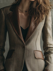 Retro Herringbone Wool PU Patchwork Lapel Blazer