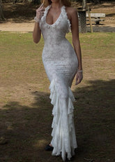 Halter Keyhole Ruffle Bodycon Mermaid Maxi Dress