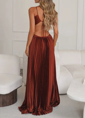 Criss Cross Spaghetti Strap Cutout Open Back Pleated Satin Maxi Dress