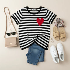 Striped Heart Patch Short Sleeve T-Shirt - French Valentine's Style