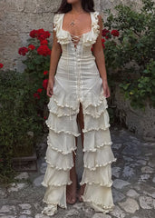 Cream Ruffle Sleeveless Lace-Up Corset Asymmetric Tiered Ruffle Maxi Dress