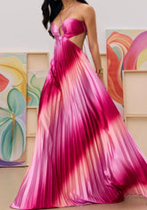 Spaghetti Strap Cutout Gradient Pleated Satin Maxi Dress