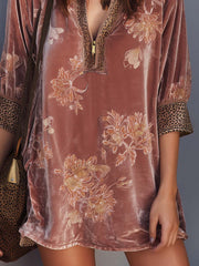 Retro Zip-up Collar Leopard Print Floral Polyester Velvet Mini Dress