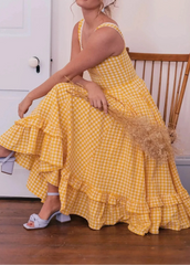 Yellow Gingham Square Neck Cami Ruffle Hem Midi Dress