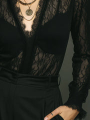 Sheer Black Lace Deep V Blouse – Vintage Gothic Long Sleeve Shirt With Scalloped Trim