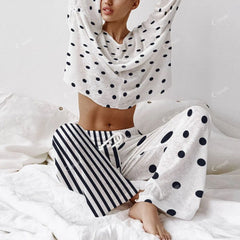 Colordate Women's Polka Dot And Striped Prints Long Sleeve Cotton Homewear Set