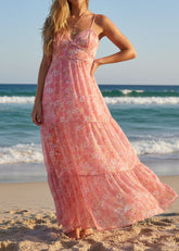 Pink Floral Chiffon Spaghetti Strap Tiered Maxi Dress