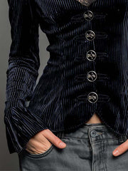 Lace V-neck Flared Cuffs Vintage Velvet Shirt