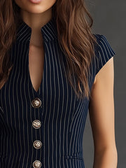 Retro Stand V-Neck Striped Short-Sleeved Blouse