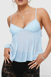 Pleated Bowknot Lace See-through Crop Top