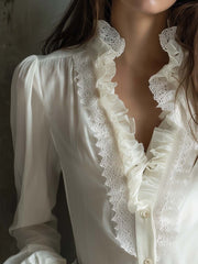 Romantic Ruffled Lace Blouse – Ivory White