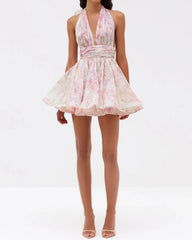 Pink Floral Print Halter Open-Back Ruched Waist A-Line Mini Dress
