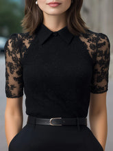 Lace Short Sleeve Blouse With Pointed Collar