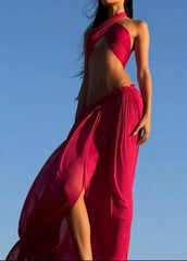 Fuchsia Halter Cutout Crop Top & Flowy Maxi Skirt 2 Piece Vacation Set