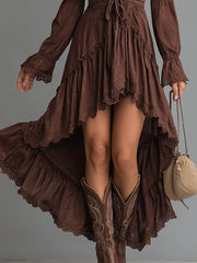 Retro-style Irregular Hem Lace Trim Denim Midi Dress