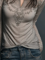 Bohemian Style Embroidered Gray Long-sleeved T-shirt