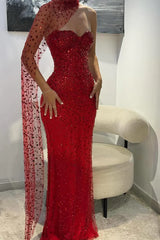 Crystal Beaded Sweetheart Mermaid Gown with Cape Sleeve