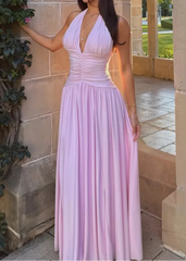 Halter Deep V Draped Maxi Waist Slimming Elegant Date Vacation Dress