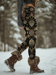 Women's Vintage Ethnic Floral Art Print Slim-Fit Casual Pants