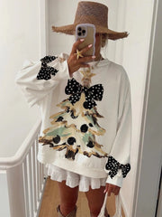 Women's Vintage Gold Dust Black Polka Dot Bow and Christmas Tree Fun Print Sweatshirt