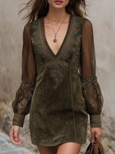 Bohemian Olive Suede Embroidered Mini Dress