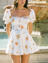 Square Neck Puff Sleeve Lace Trim Floral Print Mini Dress