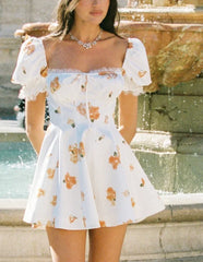 Square Neck Puff Sleeve Lace Trim Floral Print Mini Dress