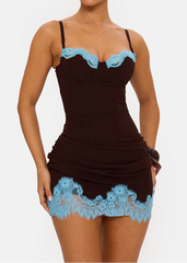 Contrast Lace Trim Ruched Bodycon Mini Dress