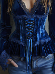 Retro Deep Blue Velvet Corset Lace-Up Peplum Blouse