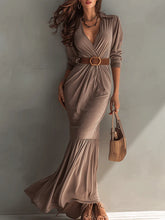 Elegant V-Neck Pleated Brown Fishtail Maxi Dress