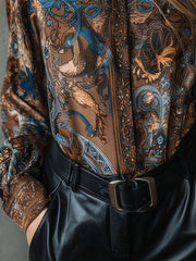 Vintage Baroque Print Brown & Blue Long Sleeve Blouse