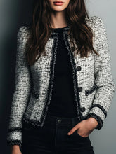 Classic Monochrome Tweed Jacket With Frayed Edge