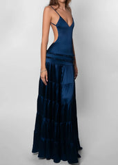 Deep V Backless Tiered Satin Maxi Dress