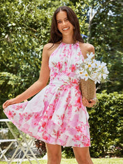 Pink Floral Halter Neck Tiered Chiffon Mini Dress