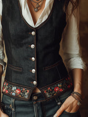Vintage Bohemian Embroidered Denim Slim-Fit Vest