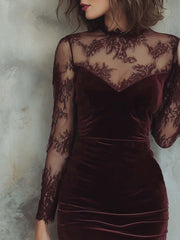 Vintage Lace Trim Polyester Velvet Mini Dress